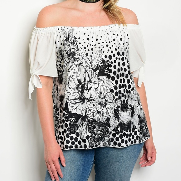 Tops - Off Shoulder Mixed Graphic Print Tie Sleeve Top
